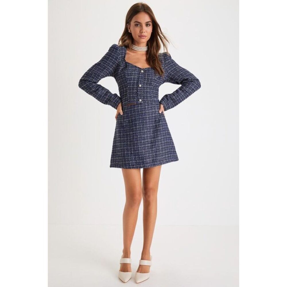 Lulus Executive Aesthetic Shiny Navy Blue Tweed Mini Skirt - Size XS
